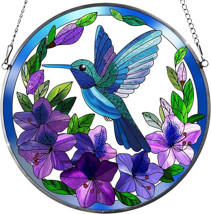 Stained Glass Sun Cather for Window Hanging, 8.6'' Hummingbird Window Ornament for Indoor Outdoor, Hand Painted Stain Glass Gift for Women, Bird Nature Lovers by GreenHaven Gardens