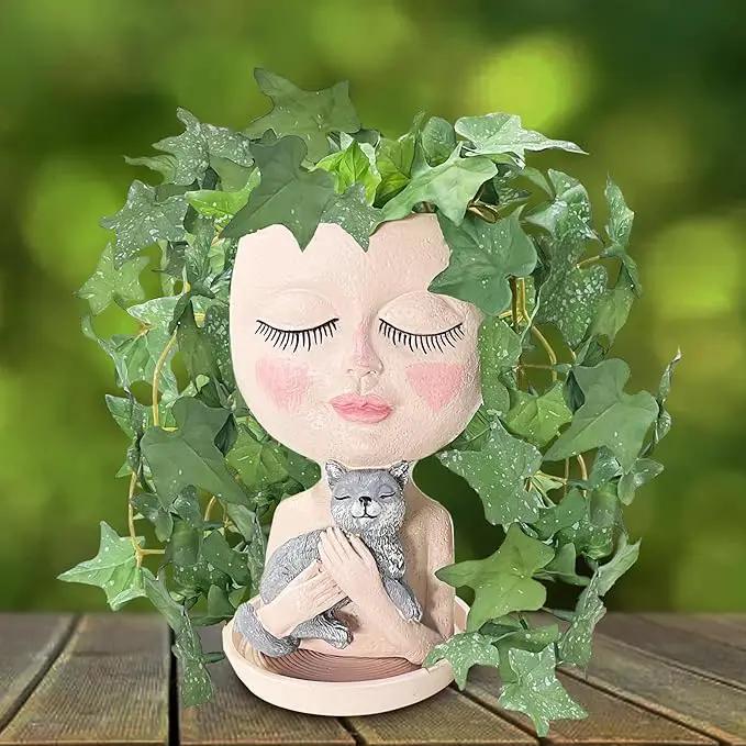 Face Plant Pots Head Planters - Face Flower Pot Head Planter with Cat, Succulent Pots with Drainage Hole, Resin Lady Planter for Indoor Outdoor, Home Decor, Mother's Day/Women Gifts by GreenHaven Gardens