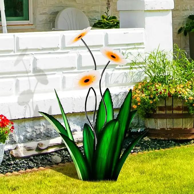 Upgraded Large Metal Yard Art, Metal Agave Plant Yard Decorations Outdoor Sculpture, Metal Flowers for Outside, Waterproof Outdoor Garden Decor (Green + White Flower) by GreenHaven Gardens
