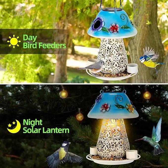 Mushroom Solar Bird Feeders for Outdoors Hanging Metal Wild Bird Feeder Garden Lantern with S Hook for Garden Decoration Blue by GreenHaven Gardens