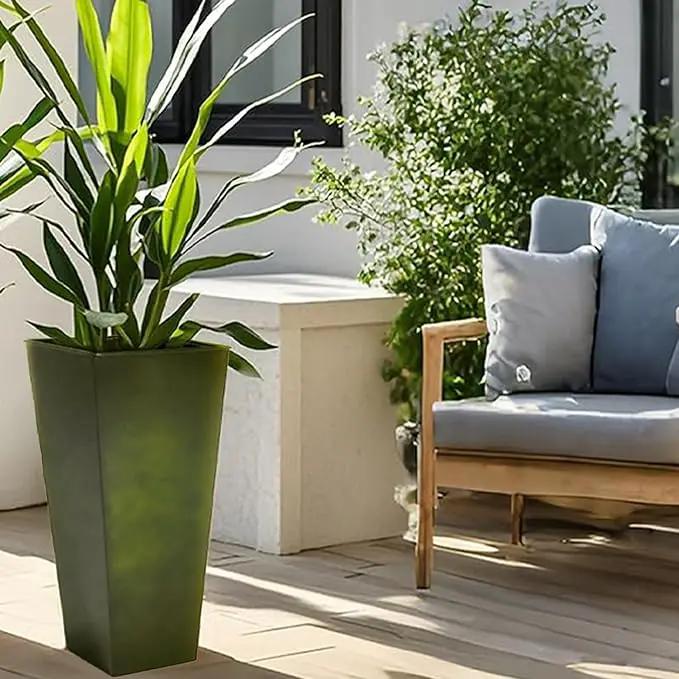 KOL 25'' & 28'' Tall Bright Glazed Planter with Insert, Set of 2, Galvanized Steel Planter Metal Pots with Drainage Hole for Indoor & Outdoor Use, Decorative Plant Pots for Front Porch, Patio - Green by GreenHaven Gardens