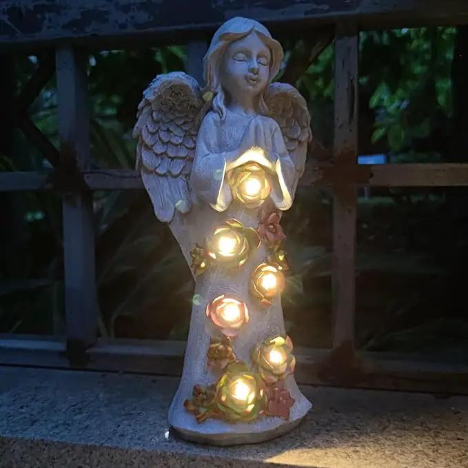 Angel Solar Garden Outdoor Statues with Succulent Plants and 6 LED Lights– Outside Solar Garden Decor Figurines -Remembrance & Sympathy Gifts Decorations by GreenHaven Gardens