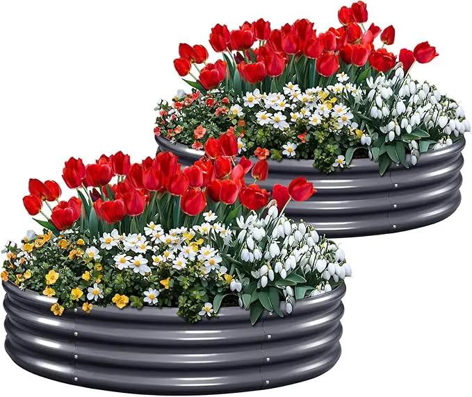 KING BIRD Raised Garden Bed Galvanized Round Planter Box Outdoor for Gardening, Plants, Vegetables, Flowers, Dark Grey, 47x47x12 in 2 Packs by GreenHaven Gardens