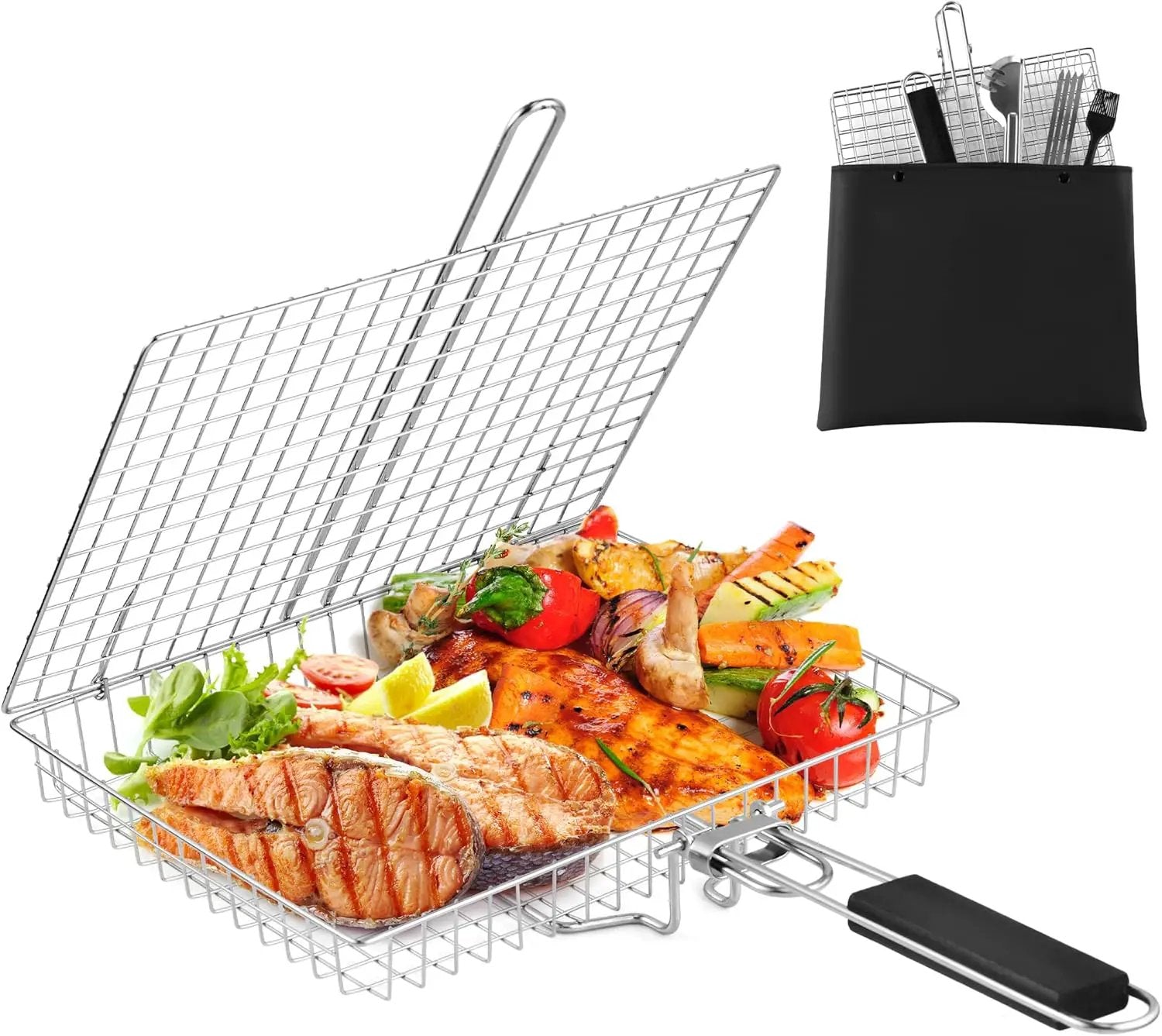 Pleafind Grill Basket Set - 8 PCS, Portable BBQ Grilling Basket with Removable Handle, Stainless Steel Grill Baskets for Outdoor Grill, Includes Silicon Brush, Steel Clip and 4 Skewers by GreenHaven Gardens