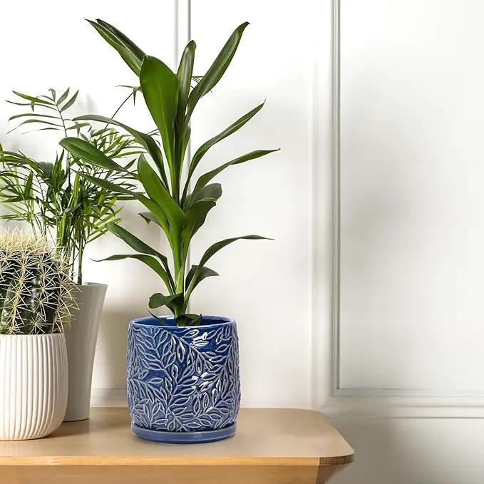 D'vine Dev 5 Inch Embossed Leaves Stoneware Planter Pot with Drainage Hole and Saucer, Midnight Blue, 27-A-V-3 by GreenHaven Gardens