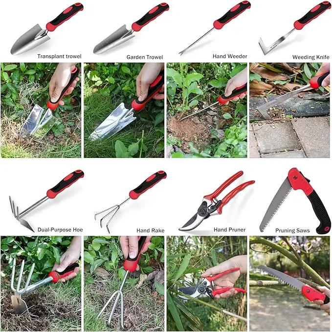 Red Gardening Tools, WisaKey 9 Piece Stainless Steel Heavy Duty Garden Tools, Red Gardening Hand Tools with Non-Slip Ergonomic Handle, Garden Tote Bag, Gardening kit, Gardening Gifts for Women and Men by GreenHaven Gardens