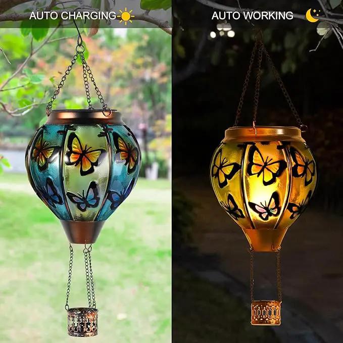 Butterfly Hot Air Balloon Solar Lantern, Solar Hot Air Balloon Flickering Flame Hanging Garden Light Candle LED Light Glass & Metal Waterproof Outdoor Lanterns Yard/Patio Decorative, Gift for Mom by GreenHaven Gardens