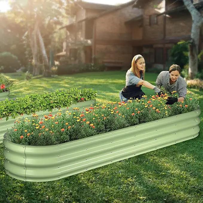 Raised Garden Bed Kit, 8x2x1 ft Galvanized Planter Box Outdoor, Oval Large Metal Raised Beds for Gardening Vegetables Flower Herb (Avocado Green) by GreenHaven Gardens