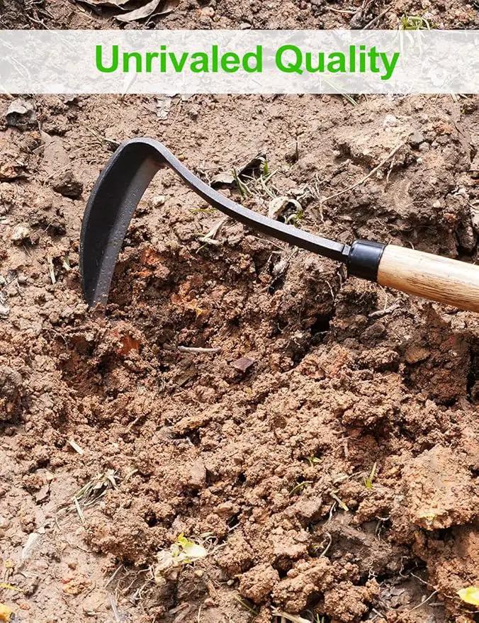 Japanese Weeding Sickle Hoe, 17" Gardening Hand Weeder Nejiri Kama Blade Tool Digging and Cutting Weed Remover, High-Carbon Steel One-Piece Molding with Hard Wood Handle, Very Sharp Edge Quick Work by GreenHaven Gardens