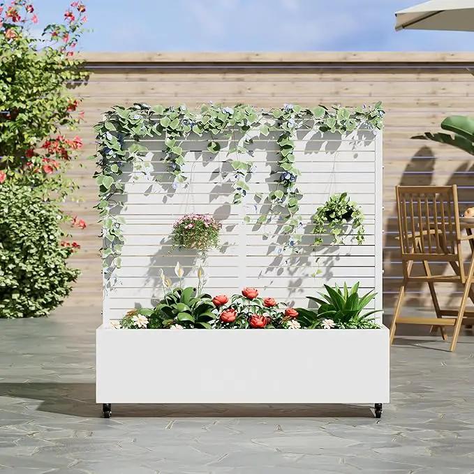 Casaphoria Metal Raised Garden Bed with Trellis and Wheels, 47"x47"x16" Planter Box for Climbing Plants, Vegetables & Vines, Features Drainage Holes and Privacy Screen (White-Louvered) by GreenHaven Gardens