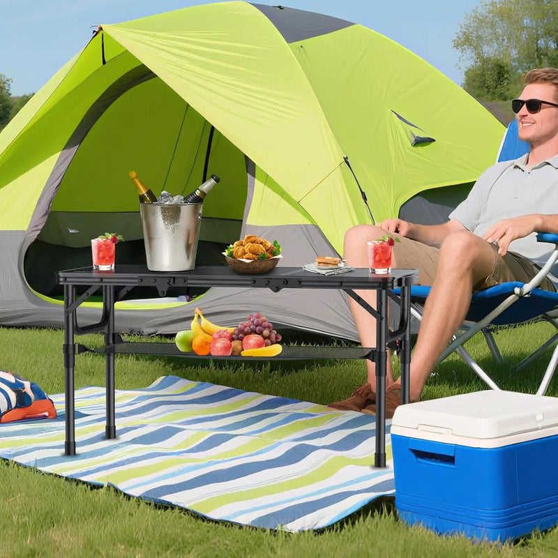 Folding Camping Table with Storage Net, 3ft Camping Table Aluminum Folding Table with 3 Adjustable Height Max 27.5 Inch Picnic Table Portable Table for Outdoor Backyard BBQ, Pure Black by GreenHaven Gardens