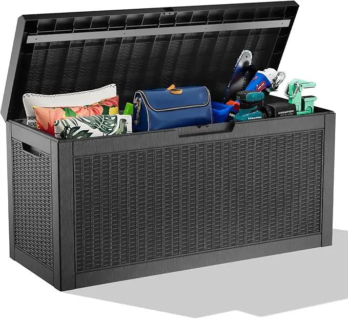 60 Gallon Resin Deck Box, Lockable Outdoor Storage Box for Patio Cushions Storage Furniture,Garden Tools, Pool Supplies, Weatherproof and UV Resistant（Black Rattan） by GreenHaven Gardens