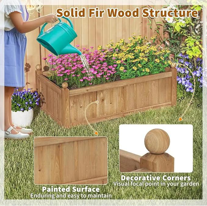 HAPPYGRILL Wood Raised Garden Bed, 46” x 24” x 16” Rectangular Flower Box w/Drainage Holes for Growing Vegetables, Flowers, Herbs, Outdoor Planter Box for Backyard Garden Lawn