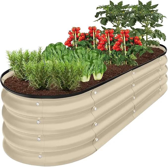 Best Choice Products 4x2x1ft Outdoor Metal Raised Garden Bed, Oval Deep Root Planter Box for Vegetables, Flowers, Herbs, and Succulents w/ 51 Gallon Capacity, Rubber Edge Guard - Beige by GreenHaven Gardens