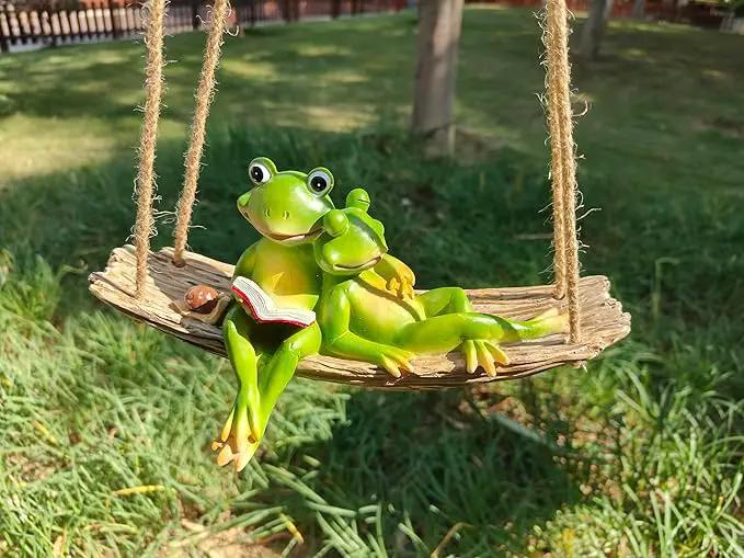 Artisan Flair Hanging Swing Frog Statues - Frog Statues for Garden Outdoors, Reading Book Frog Statue Figurine, Resin Couple Frog Statue for Garden, Balcony, Tree Decoration by GreenHaven Gardens