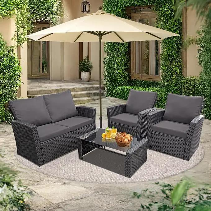4 Piece Outdoor Patio Furniture Set,Wicker Conversation Sets Outdoor Sectional Patio Sofa Couch with Cushions & Coffee Table for Outside, Garden, Balcony, Porch,Black/Grey by GreenHaven Gardens