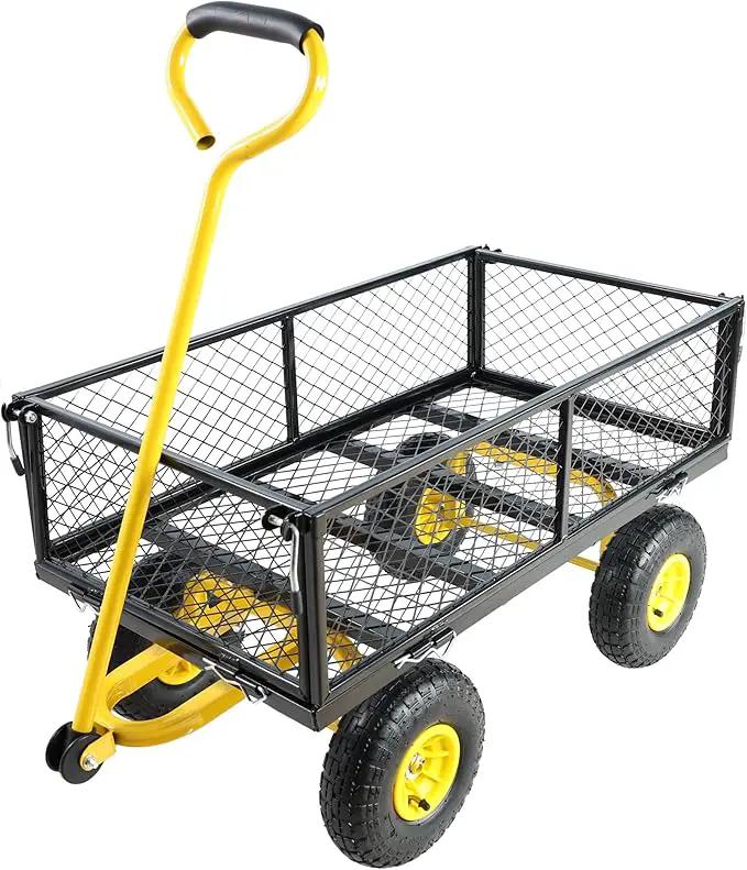 Steel Garden Cart 400 lbs Capacity with Removable Steel Mesh Sides to Convert into Flatbed, Utility Metal Wagon 180°Rotating Handle Multi-Purpose by GreenHaven Gardens