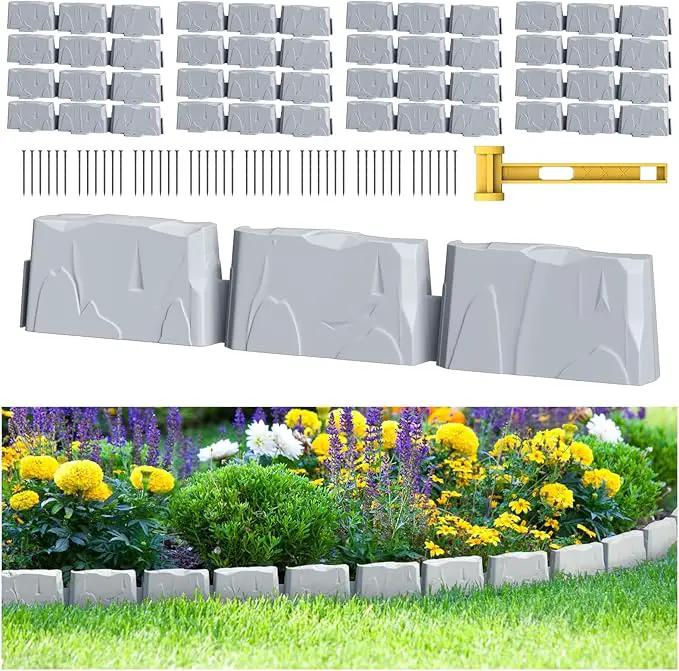 16 Pack(24FT) Landscape Edging w/ 48 Spikes | Flexible Plastic Border for Outdoor, Walkway, Lawn & Weed Control | 24" L x 3" H Faux Stone Edging for Landscaping,Garden Edging Border Stone(Gray) by GreenHaven Gardens