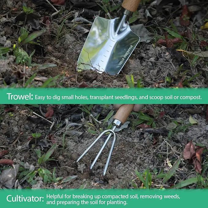 LeMotech Garden Tool Set, 2Pcs Gardening Hand Tools, Stainless Steel Trowel and Cultivator with Handle, Outdoor Gardening Kit for Women Men by GreenHaven Gardens