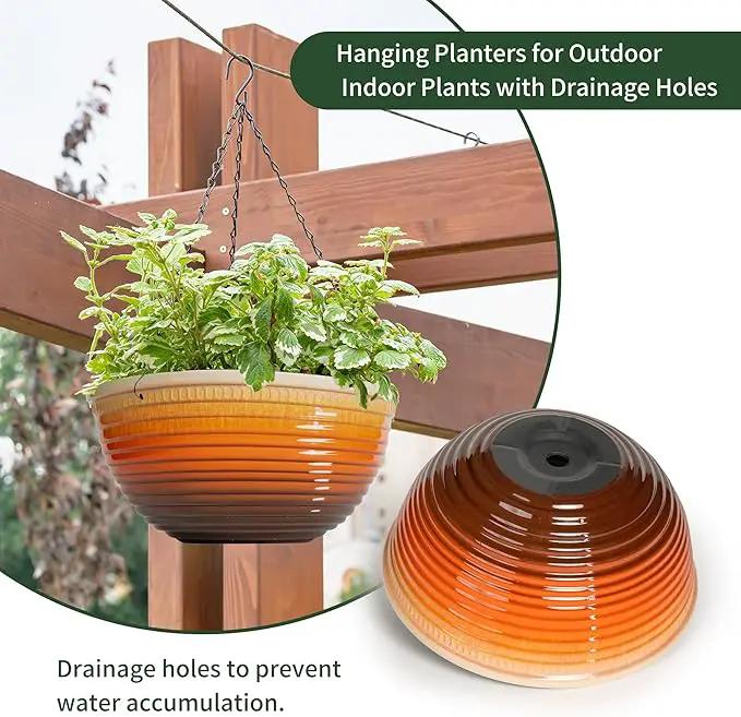 12 inch Hanging Planters for Indoor Outdoor Plants, 2 Pack Large Hanging Flower Pots with Drainage Holes and Chain, Glazed Hanging Baskets for Home Garden Decoration, Orange by GreenHaven Gardens