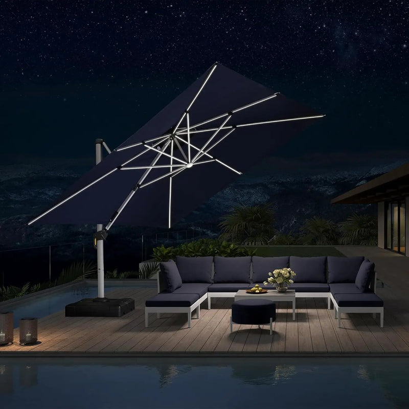 PURPLE LEAF 12 Ft Double Top Patio Cantilever Umbrella Outdoor Solar Powered LED Square Offset Large Garden Umbrella, Navy Blue by GreenHaven Gardens