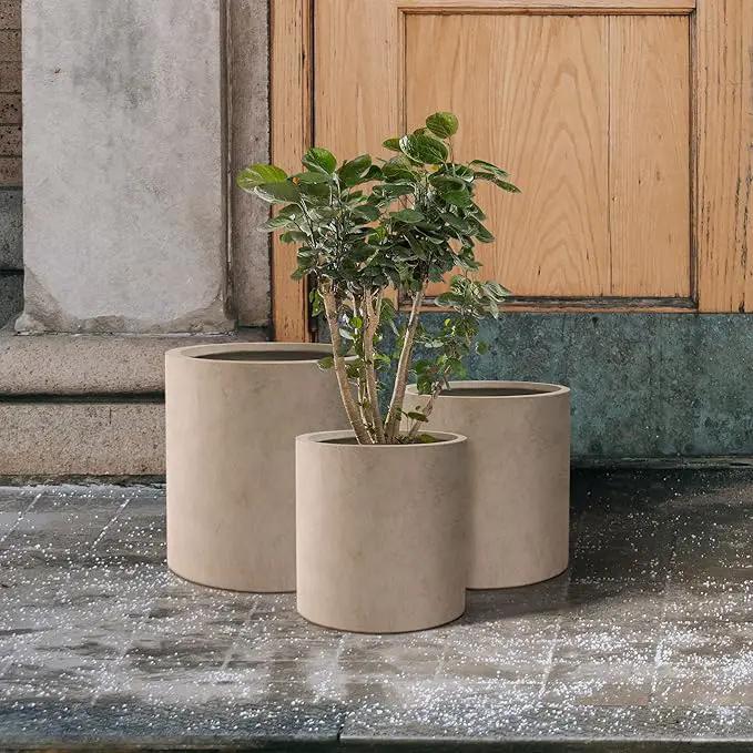 Kante 9.8",12.6",15.7" Dia Round Concrete Planter Set of 3, Modern Style Large Cylindrical Plant Pot with Drainage Hole and Rubber Plug for Indoor Outdoor Patio, Weathered Concrete by GreenHaven Gardens