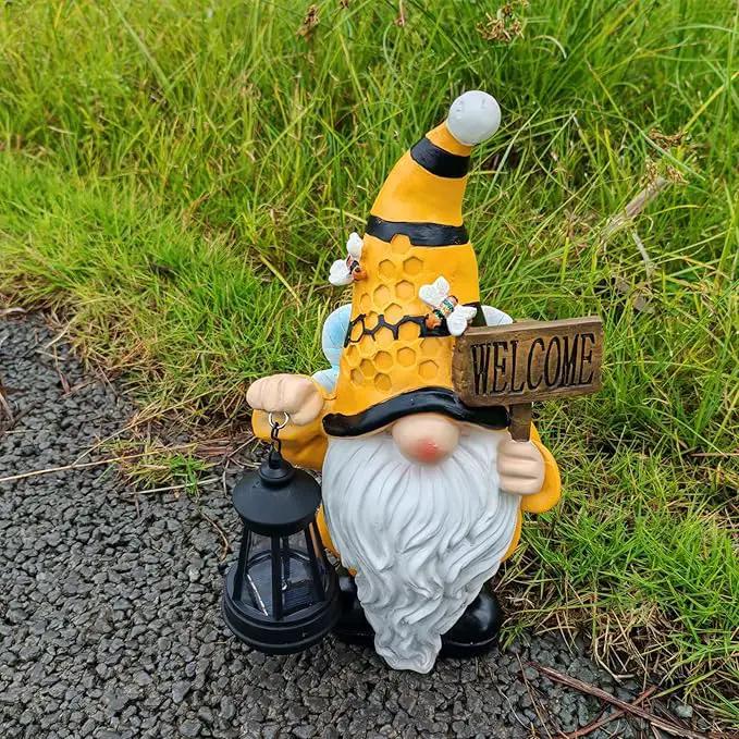 Gnome Garden Statues with Solar Lights Outdoor Gnomes Sculpture Yard Patio Decor for Lawn Ornaments Gardening Gifts（Bee Gnome by GreenHaven Gardens