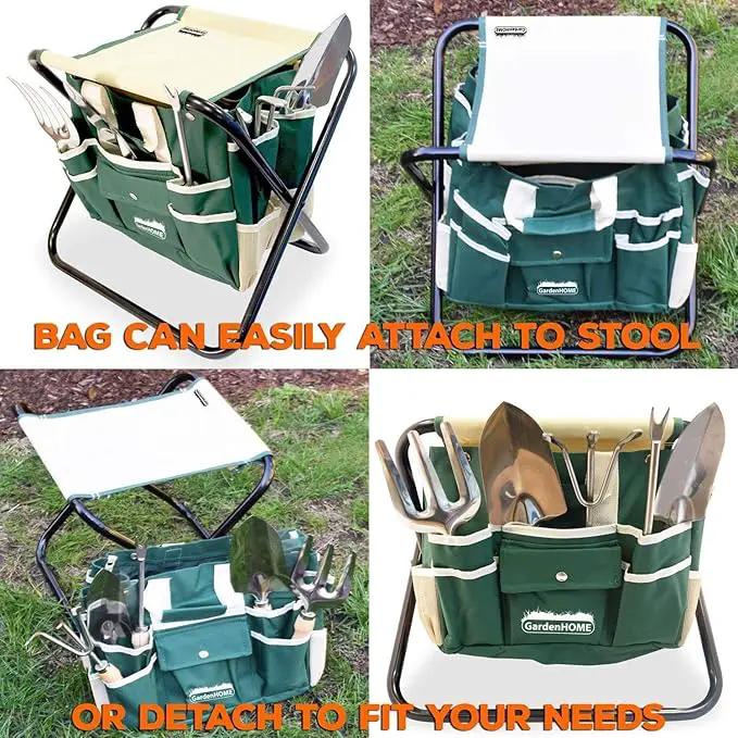 Gardening Tool Set, Stainless Steel 7-Piece Gardening Tools with Heavy-Duty Folding Stool and Detachable Canvas Tote Bag, Green and White, Ideal Gardening Gifts for Women and Men by GreenHaven Gardens