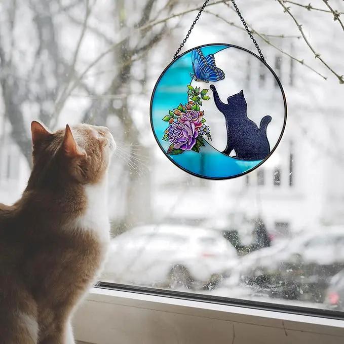 Cat Stained Glass Butterfly on Moon Gifts, Handcrafted Suncatchers Black Cat for Stained Glass Window Hangings, Cat Gifts for Cat Lovers, Painted Glass Panel Decor Funny Cat Themed Gift by GreenHaven Gardens