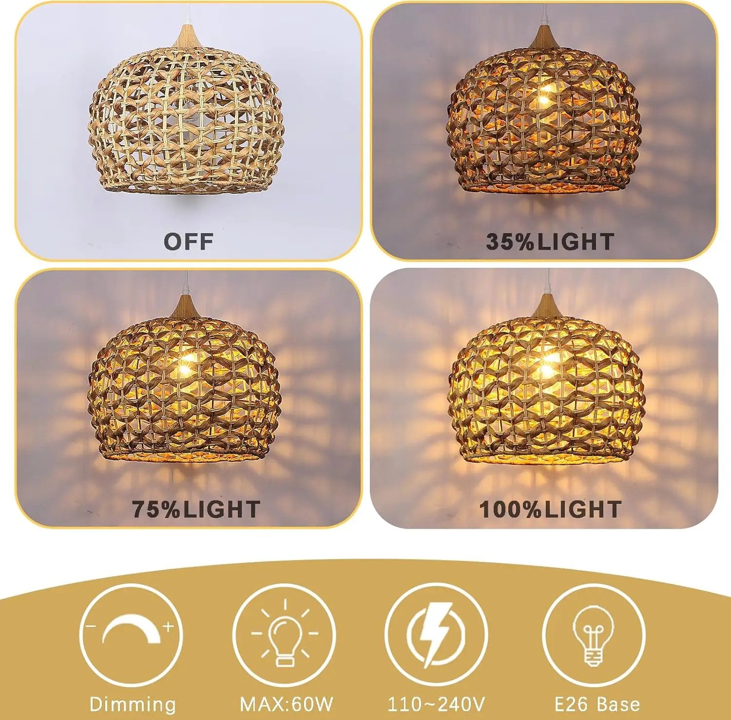Boho Pendant Lights, 15.7" 1-Light Rattan Chandelier Hand-Woven Wicker Pendant Light with Water Hyacinth Shade, Coastal Dome Hanging Light for Dining Room Kitchen Island by GreenHaven Gardens