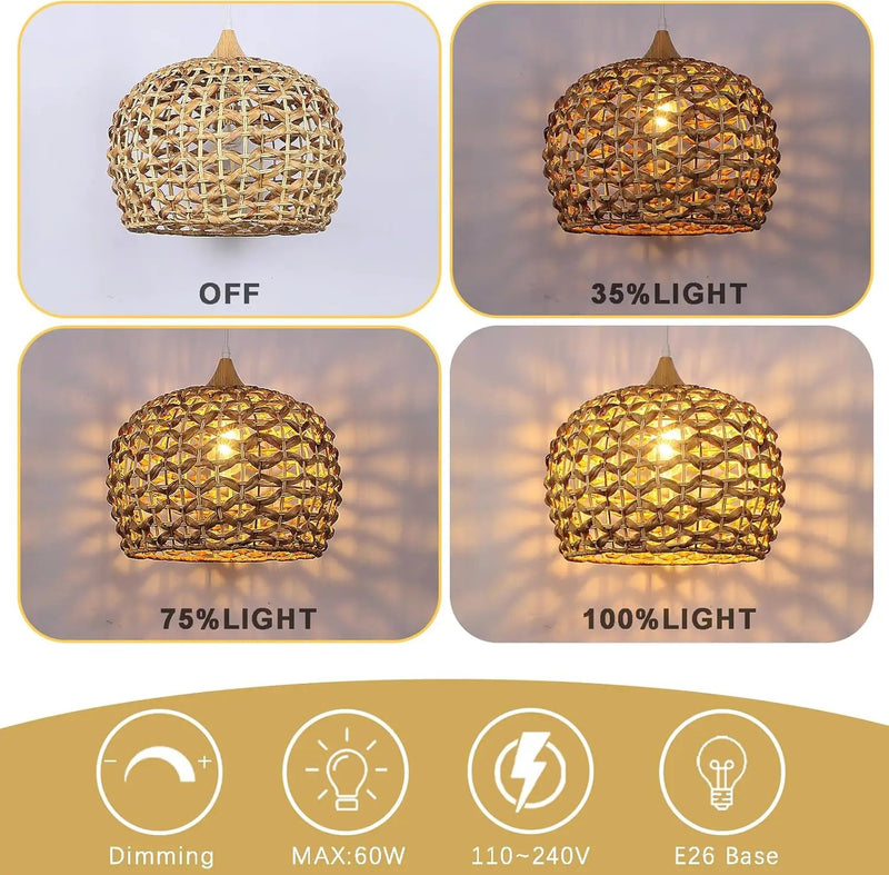 Boho Pendant Lights, 15.7" 1-Light Rattan Chandelier Hand-Woven Wicker Pendant Light with Water Hyacinth Shade, Coastal Dome Hanging Light for Dining Room Kitchen Island by GreenHaven Gardens