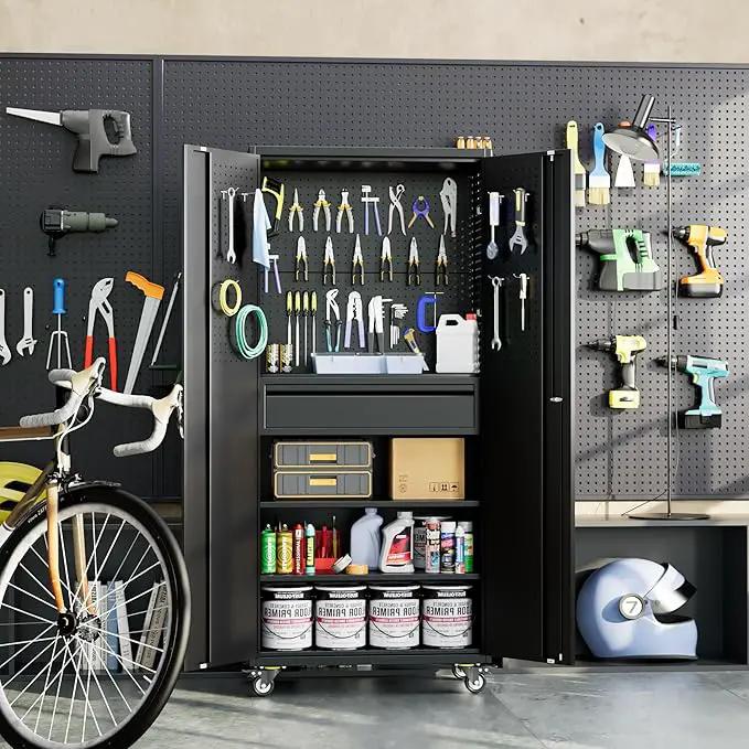 Metal Garage Cabinet with Wheels,71''H Rolling Lockable Steel Tool Cabinet with Pegboard & 1 Drawer for Garage,Home,Office Assembly Required,Black/Red by GreenHaven Gardens