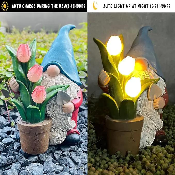 Garden Gnome Statue, Sculpture of a Dwarf Holding a Shovel and a Flower Pot, Solar Gnome Statues Outdoor Decor, Outside Lawn Patio Yard Ornament Gifts by GreenHaven Gardens