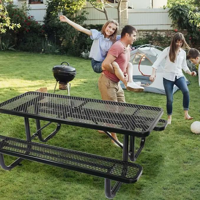 6 ft. Rectangular Outdoor Steel Picnic Table with Umbrella Pole, Heavy-Duty Weather-Resistant Dining Table for Patio, Backyard, and Garden, Rust-Resistant Finish, Black by GreenHaven Gardens