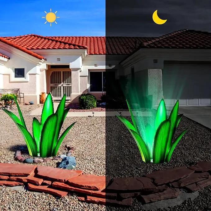 Upgraded Large Metal Yard Art, Metal Agave Plant Yard Decorations Outdoor Sculpture, Metal Flowers for Outside, Waterproof Outdoor Garden Decor (Green (W/Solar Light)) by GreenHaven Gardens