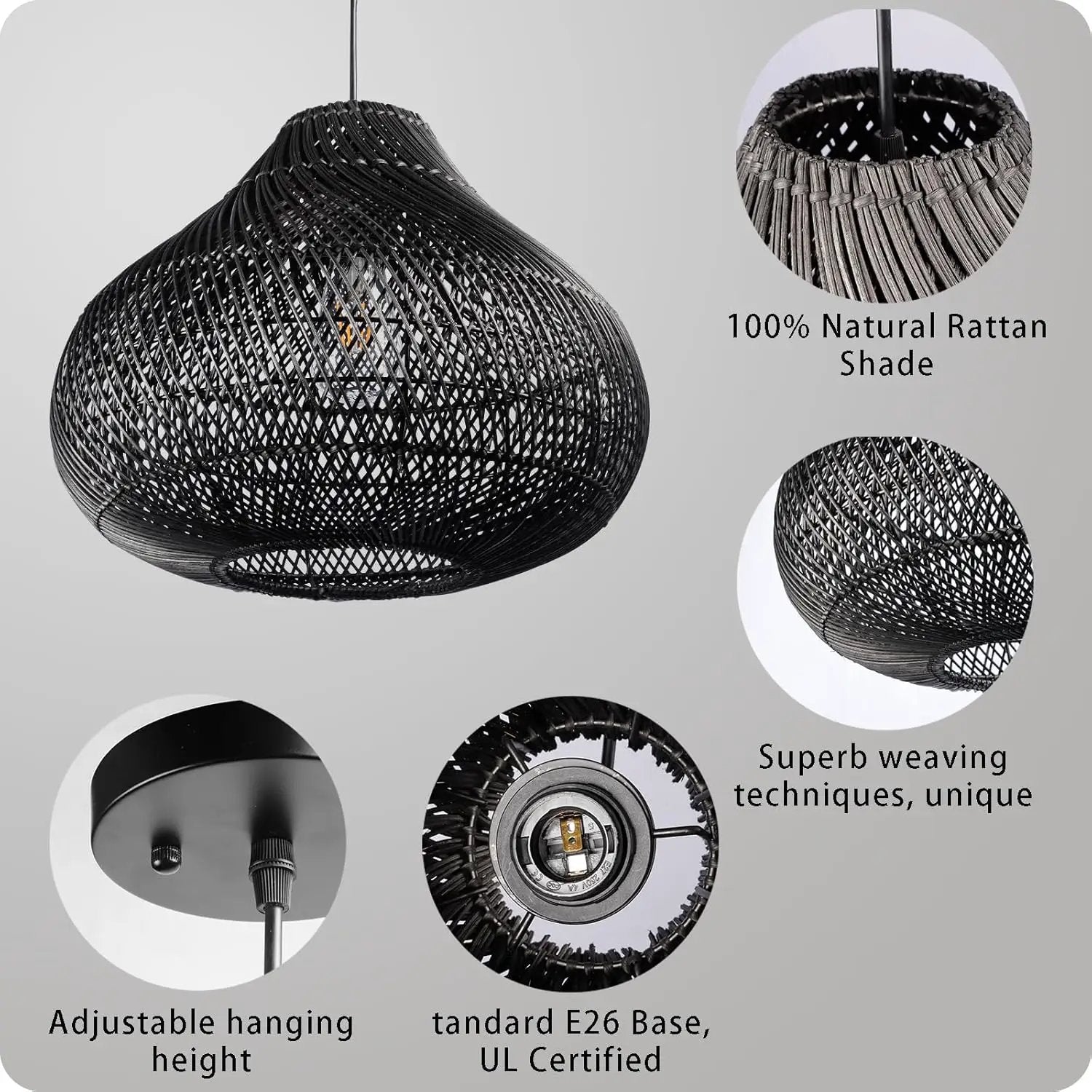 Karjear Black Rattan Chandelier, 16.5 inch Large Wicker Pendant Lights Fixture Hand-Woven Basket Hanging Light for Dining Room Kitchen Island Living Room by GreenHaven Gardens