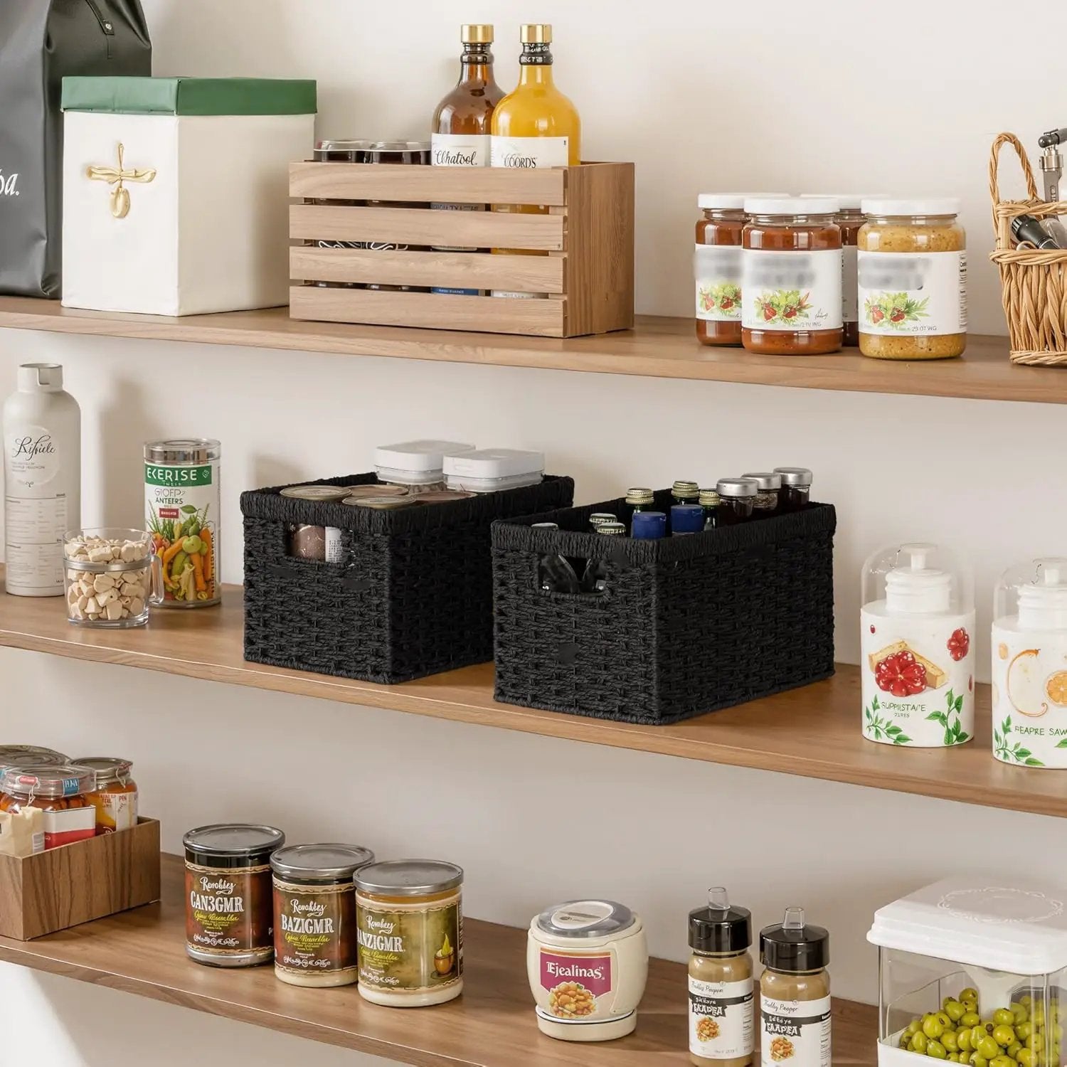 StorageWorks Pantry Baskets, Wicker Storage Baskets for Organizing, Bathroom Shelves, Pantry Organizers and Storage, Medium, Black, 2-Pack by GreenHaven Gardens