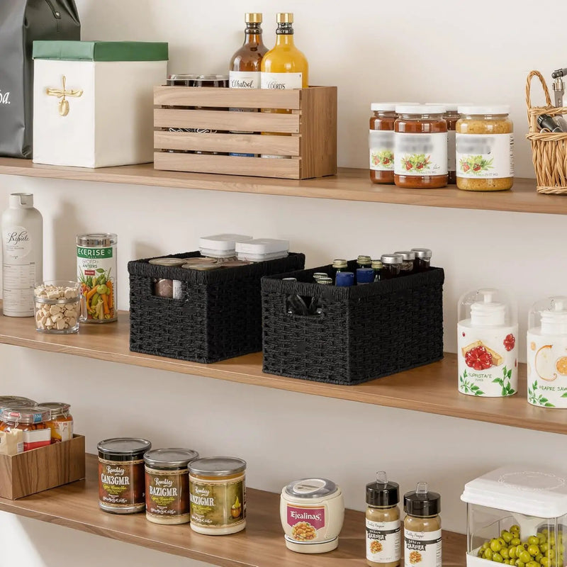 StorageWorks Pantry Baskets, Wicker Storage Baskets for Organizing, Bathroom Shelves, Pantry Organizers and Storage, Medium, Black, 2-Pack by GreenHaven Gardens