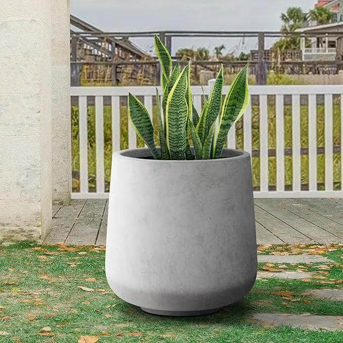 Kante 15.3" Dia Round Concrete Planter, Outdoor Indoor Large Plant Pots Containers with Drainage Hole and Rubber Plug for Home Garden Patio, Natural Concrete by GreenHaven Gardens