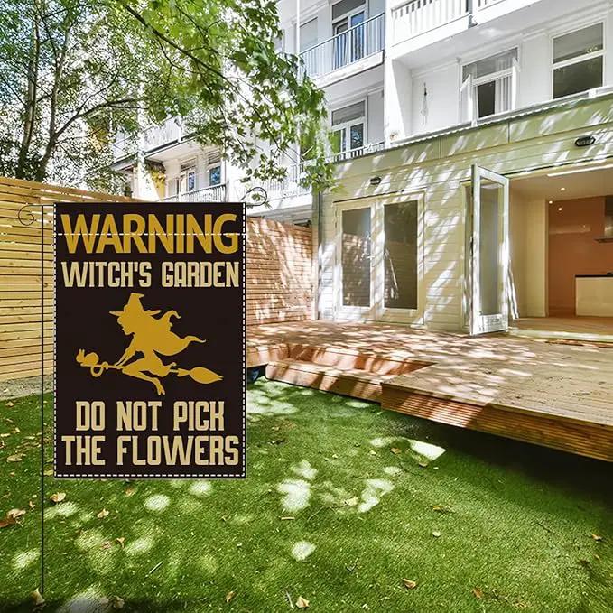 Witch's Funny Garden Flag Do Not Pick the Flowers Sign Plant Lover Gift Small Double Sided Burlap art Stained Glass Style Garden Flags 12 x 18 Inch for Outside by GreenHaven Gardens