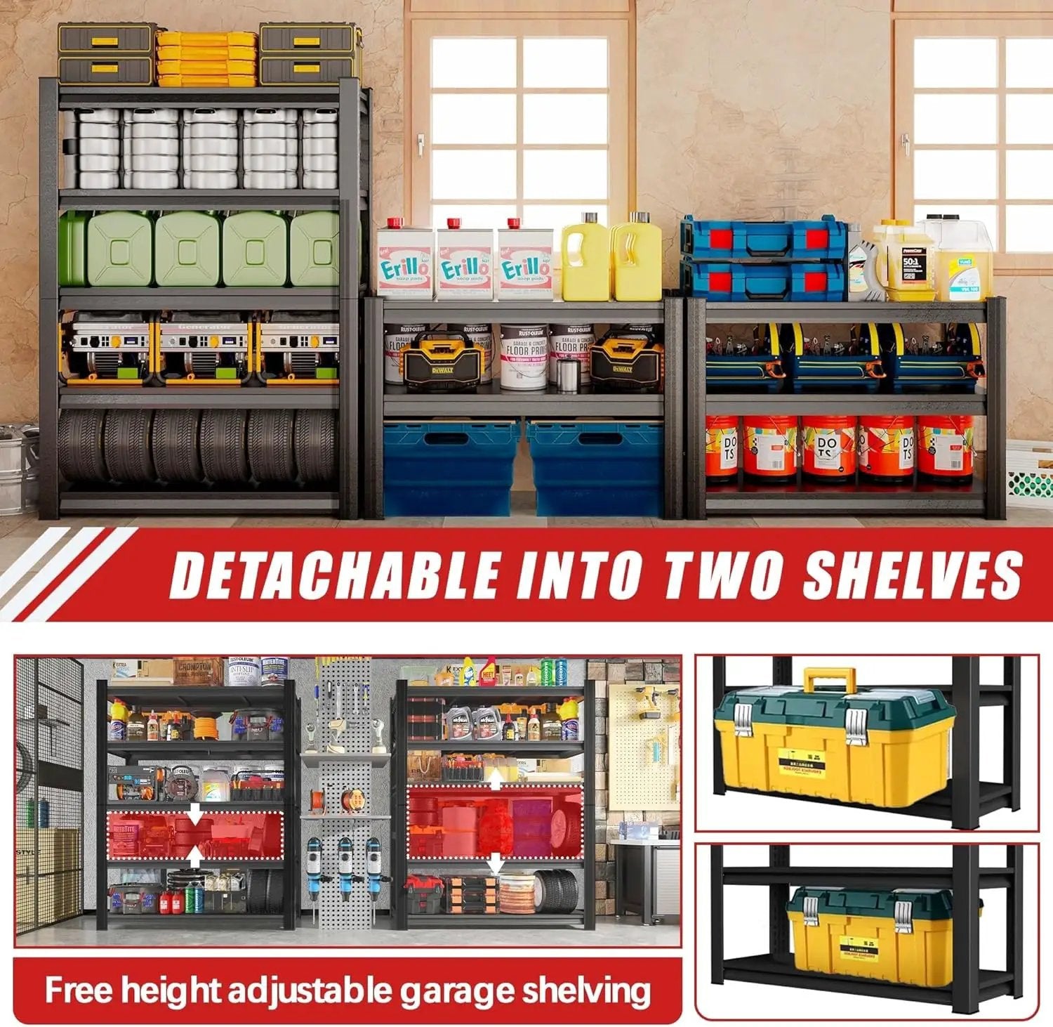 2500lb Capacity Heavy Duty Industrial Shelves | 5-Tier Steel Storage Rack | Adjustable Garage, Warehouse, Workshop Shelving | 71" H x 39.4" W x 17.7" D | Black by GreenHaven Gardens