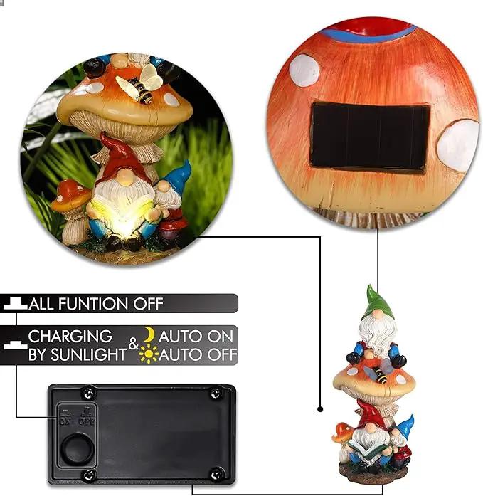 TERESA'S COLLECTIONS Garden Gnomes Statues Decorations for Yard with Solar Lights, Resin Sculptures& Statues on Mushroom Reading Garden Outdoor for Patio Lawn Ornaments,Ideal Gifts for Mom, 12.6" by GreenHaven Gardens