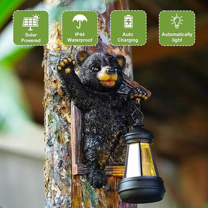 Black Bear Decor with Solar Lantern Tree Hugger - 7 Inch Bear Statue Outdoor Garden Yard Decor,Best Bear Garden Gifts for Mom,Women by GreenHaven Gardens