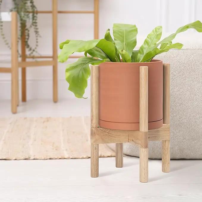 D'vine Dev Terracotta Planter with Natural Stand - 8 Inch Modern Round Flower Pot with Wood Planter Holder, Terracotta, 55-B-N-5 by GreenHaven Gardens