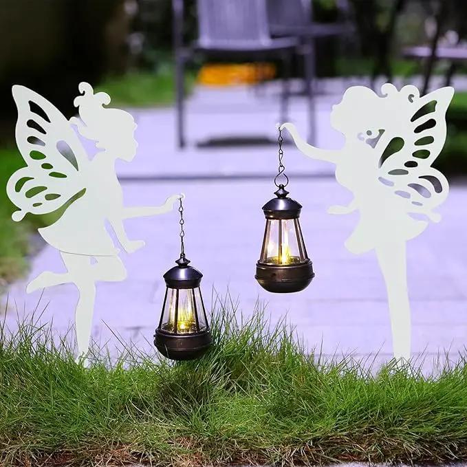 Solar-Garden-Lamp 2 Pack Metal Fairy Hanging Lanterns, Solar Outdoor Decorative Stake Ornaments for Lawn, Patio or Courtyard, White by GreenHaven Gardens