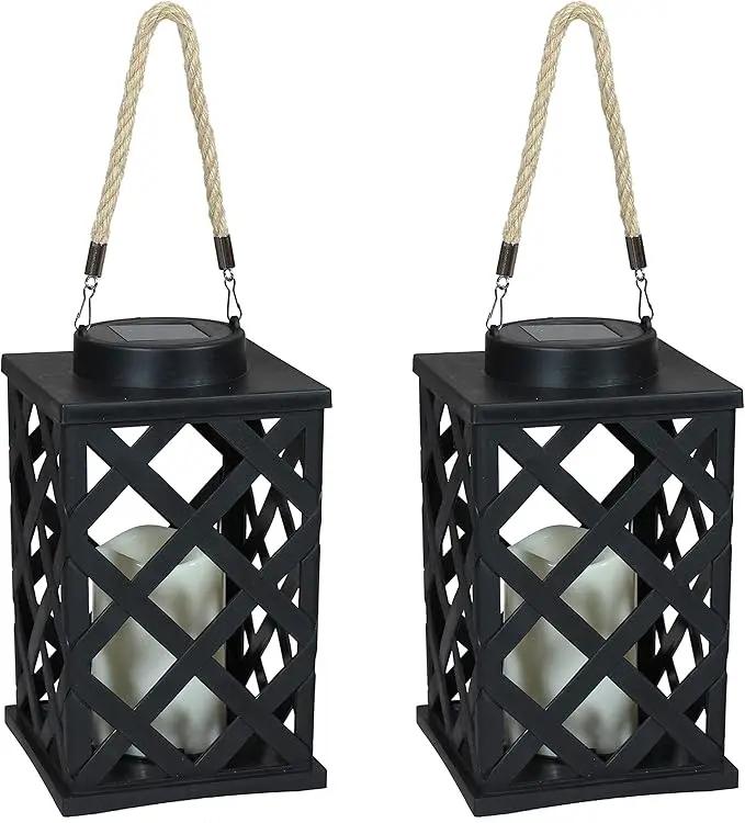 Sunnydaze Modern Crosshatch 9-Inch Solar LED Decorative Candle Lantern - Tabletop/Hanging Light - Set of 2 - Black by GreenHaven Gardens