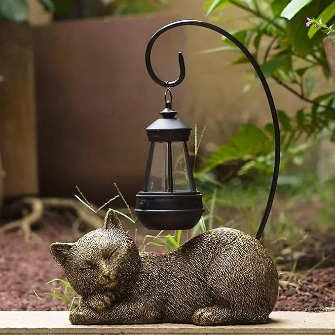 Solar Garden Statue Cat Figurine, 13 Inch Tall Garden Cat Statues Art with Solar Lantern, Loving Cat Statues for Patio, Balcony, Yard, Lawn and Porch, Unique Housewarming Gift for Garden Mom Grandma by GreenHaven Gardens