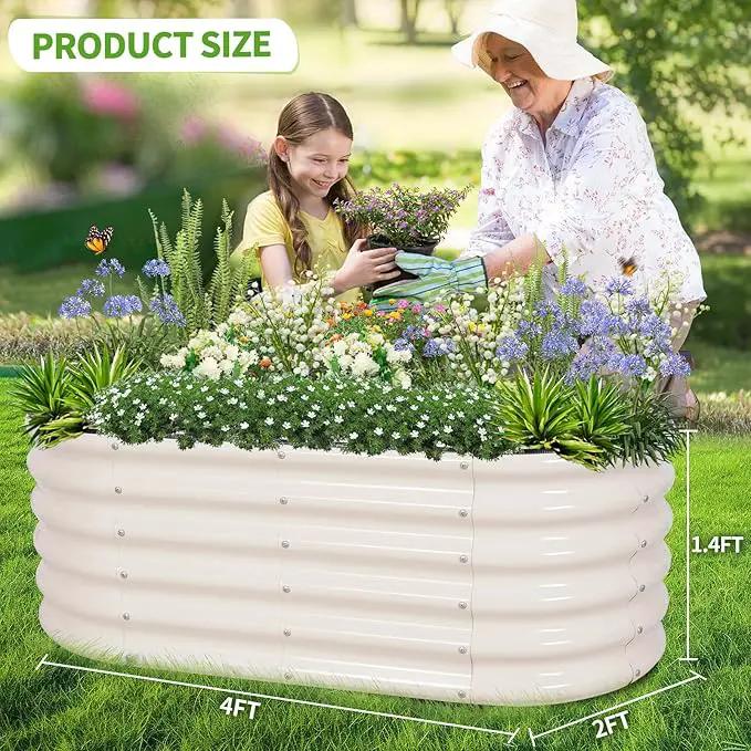 Galvanized Raised Garden Bed - 4x2x1.4FT Metal Planter Boxes Outdoor | Oval Steel Raised Bed Kit for Gardening with Protective Tape, Gloves for Vegetables, Flower, Herb (White) by GreenHaven Gardens