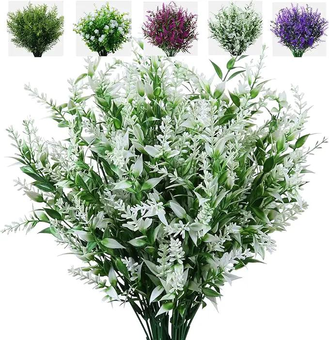 8 Pack Artificial Plants Flowers Grass Shrubs No Fade Faux Plastic Flowers Outdoor for Vases Farmhouse Garden Porch Patio Office Indoor Wedding Decoration Greenery Fake Plants (5#White) by GreenHaven Gardens