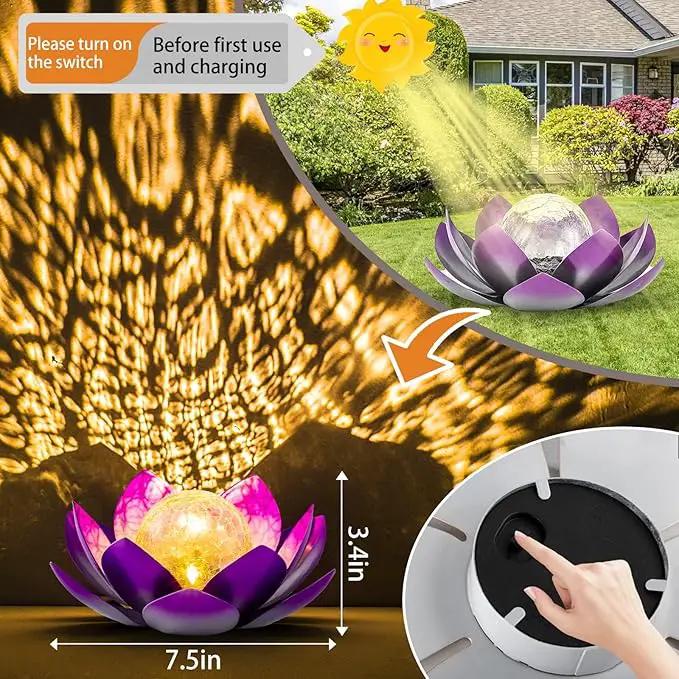 Solar Light Outdoor(2Pack), Art Crackle Globe Glass Lotus Decoration, Solar LED Waterproof Purple Metal Flower Lights for Patio,Lawn,Walkway,Tabletop by GreenHaven Gardens